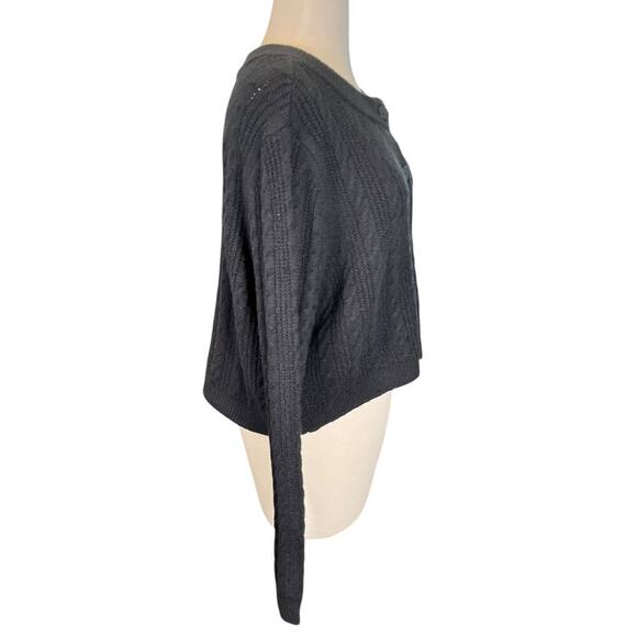 OPEN EDIT Black Cropped Cardigan Cable Knit XL Crew Neck Long Sleeve Button Up - Picture 4 of 10
